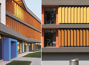 Vertical adjustable louvers provide protection from the sun and the weather
