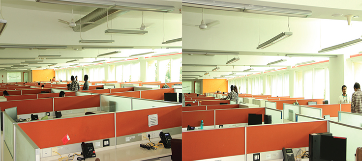 Fig.3a & b. Natural daylight spread in offices can be accomplished by providing intermittent cabins