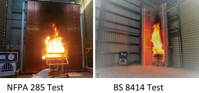 NFPA test and BS 8414 test for fire safety facade