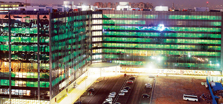 Night shot of Intel's Sarjapur Ring Road Building 3 (SRR3), a new office building in Bengaluru