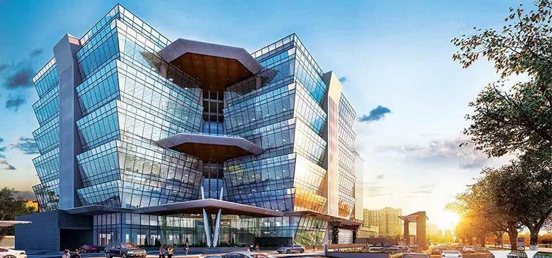 C21 - Unitised double glazed curtain wall system. Four legged spider fittings at lobby level. A project by Neomodernarch