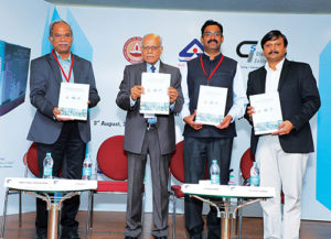 Release of theme paper for the workshop: (Left to Right) Prof S Arul Jayachandran, V Suresh, S Arun Kumar, G N Gohul Deepak