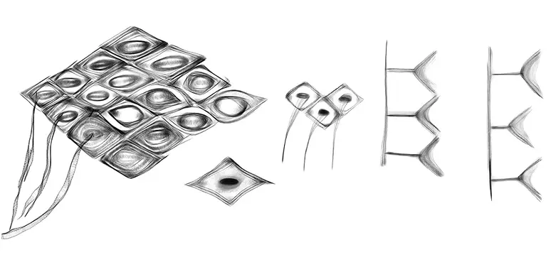 Figure 3: Conceptual sketch of façade modules and assembly based on a study of Pinecone by the author