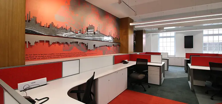The workstations are designed as an open office concept with ample sunlight. The colour palette has been derived from the individual company logos incorporating the brand identity