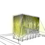 The elevated glass façade was conceptualised as a rippled skin that covers the building
