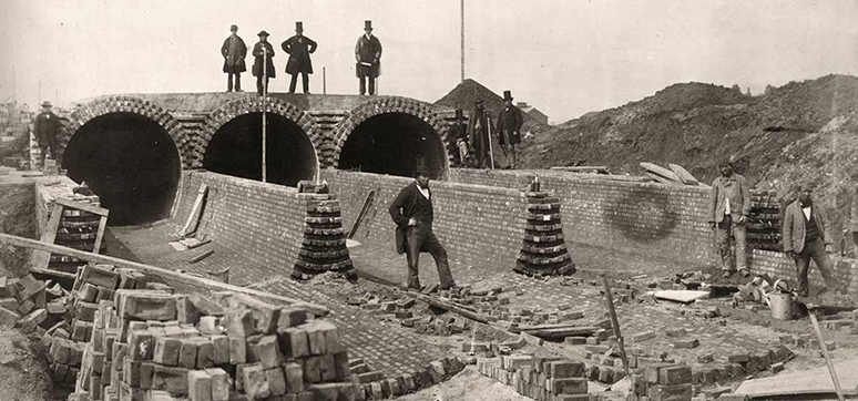 Joseph Bazalgette (top right) at the northern outfall sewer being built below London’s Abbey Mills pumping station