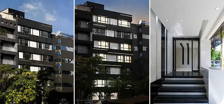 Black & White Stone Facade Design at Aftab Office Building, Tehran, Iran