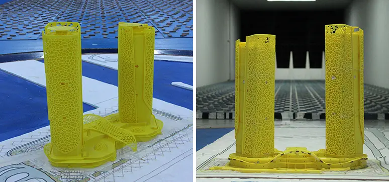 Figure 2A&B: Wind tunnel model set up at Rosewood Towers, Lusail, Doha