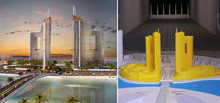 Figure 5A&B: The towers feature curved façades with large openings through the middle of each of the two towers