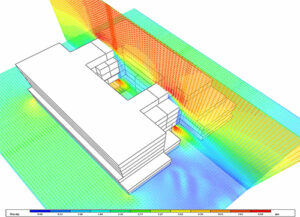 Wind CFD analysis conducted to optimise the window openings within the courtyard of this office building