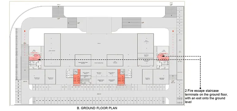 Sketch of a fire escape route for a ground floor hall