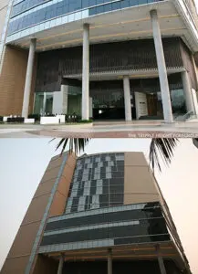 The building edifice is largely clad with hollow ceramic tiles and ACP-facade