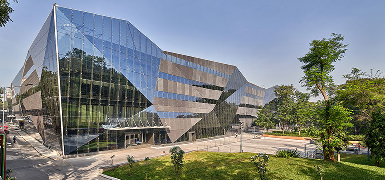 façade of Cummins Technical Centre - India showcasing glass and terracotta design