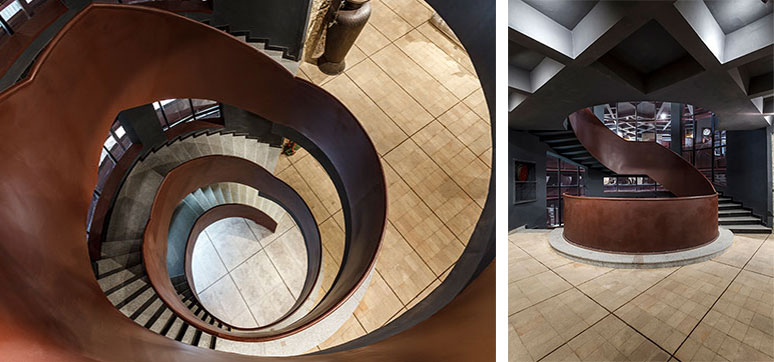 Within the building, the movement is centred around a helical staircase