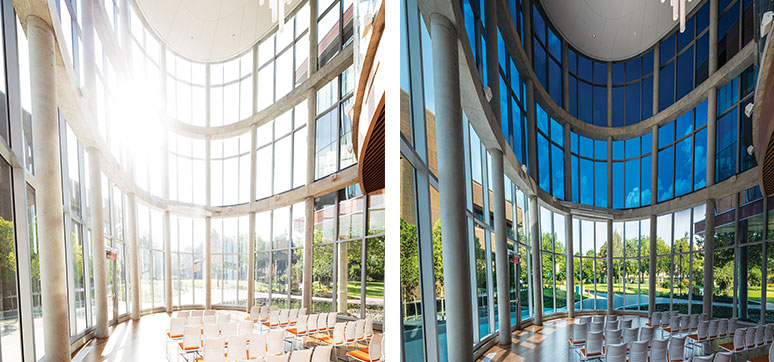Bowie State University, USA. Dynamic glass ensures proper indoor visual and thermal conditions, while maintaining outdoor views to the campus