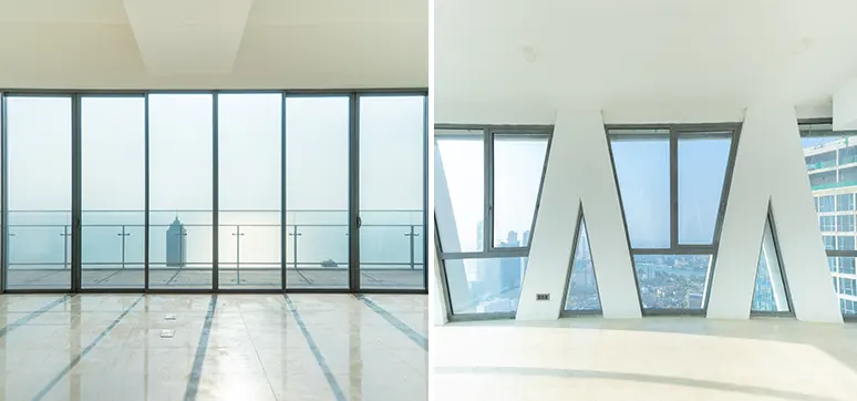 Floor to ceiling slim sliders and customised trapezoidal windows – Altair, Sri Lanka