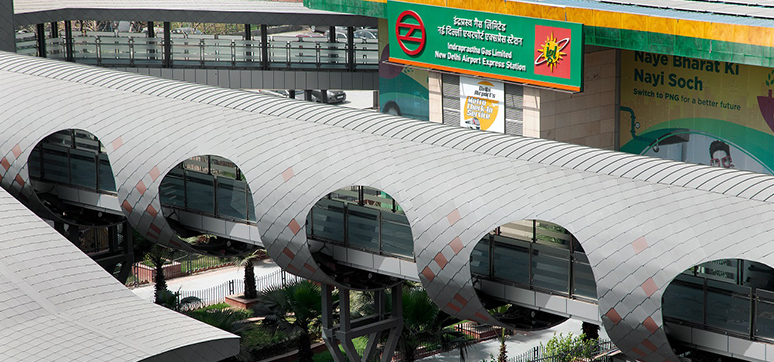 The skywalk at the Delhi Metro Railway Station