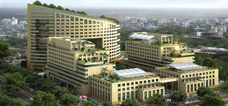 Cyberwalk by Design Forum International - a self-sufficient green building. Aerial day view