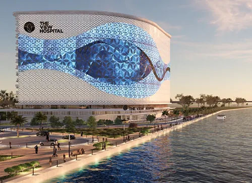 The View Hospital, Qatar. The 3D rendering of the media façade used in the winning competition bid