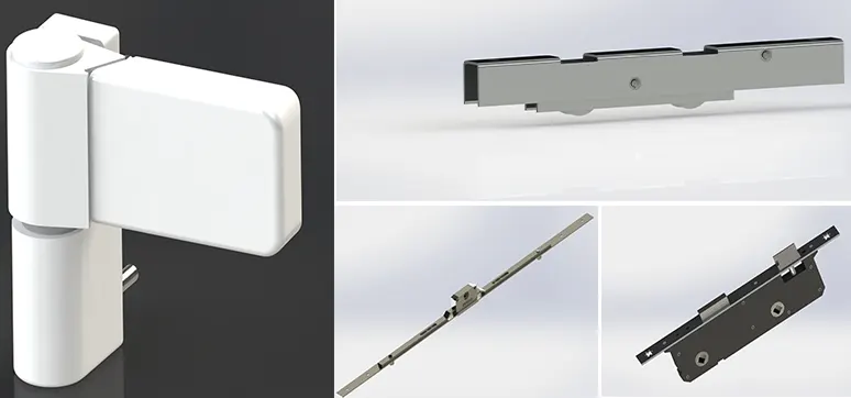 3D Hinge, adjustable roller, bathroom door lock, ESPAG, (clockwise from top left)