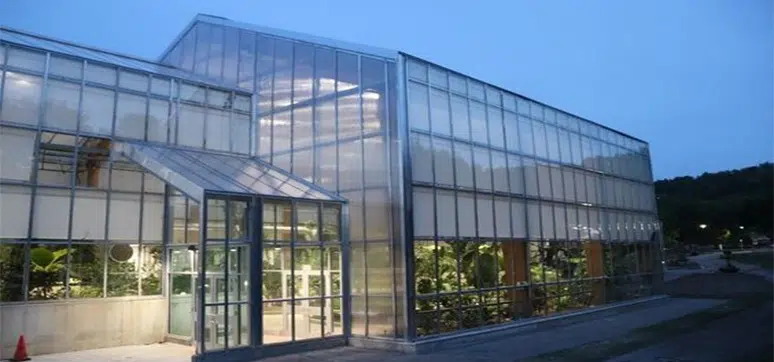 Illuminated modern greenhouse at night with plants inside