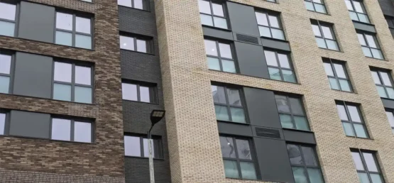 Modern apartment building with brick facade