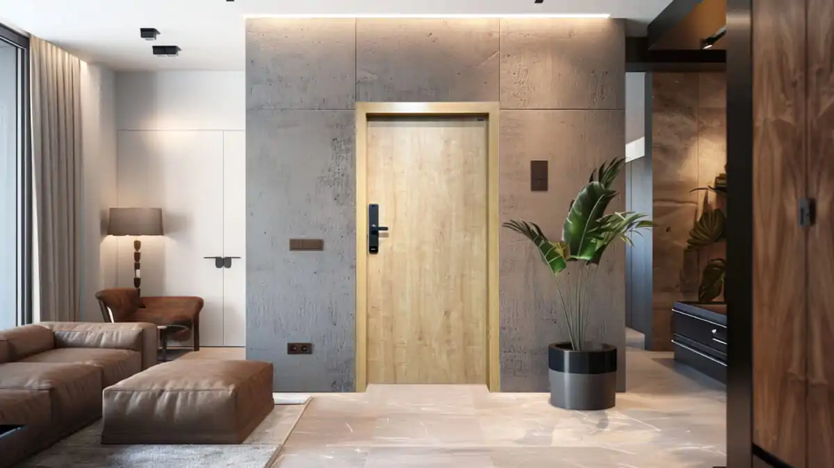 brown wooden door in contemporary apartment interior