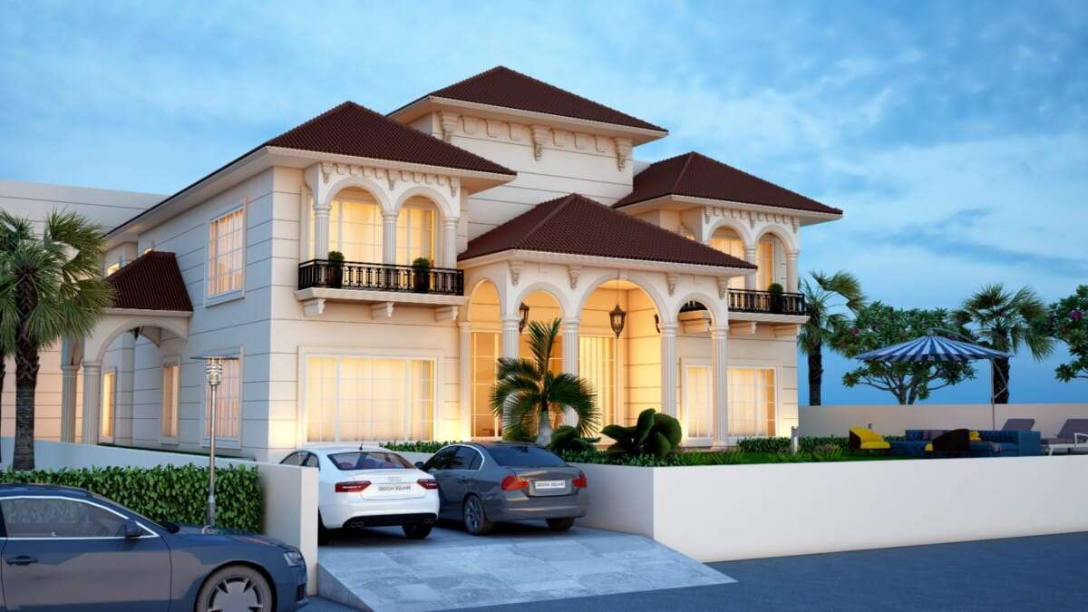 A sense of symmetry and a grand look is evoked by large windows on either side of the façade