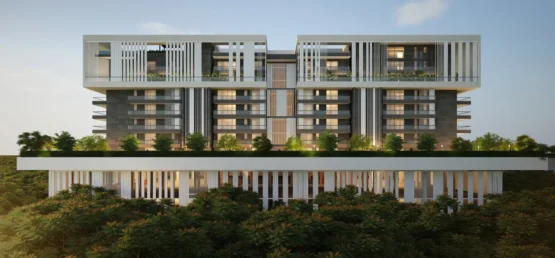 The development uses slim-profile aluminium fire-rated frames that do not obstruct the architectural rhythm