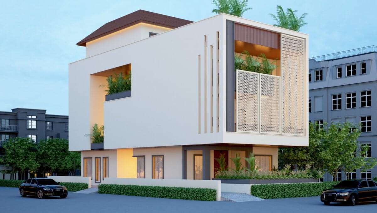 The facade with clean lines, geometric shapes and fusion of materials