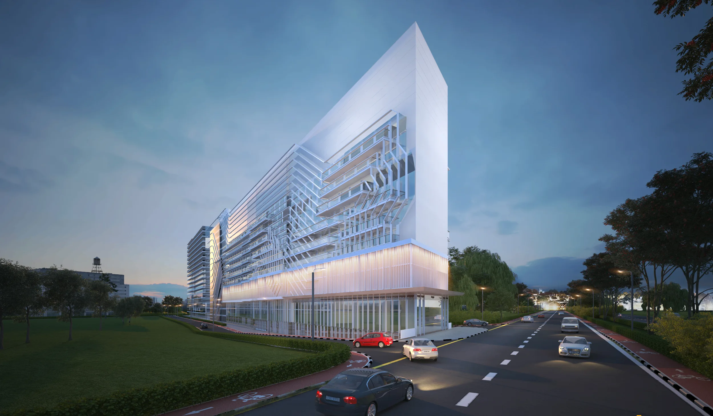 The sleek white glass façade, accentuated by stainless steel fins, imbues this Pune building with a sophisticated and modern elegance, creating a striking visual identity