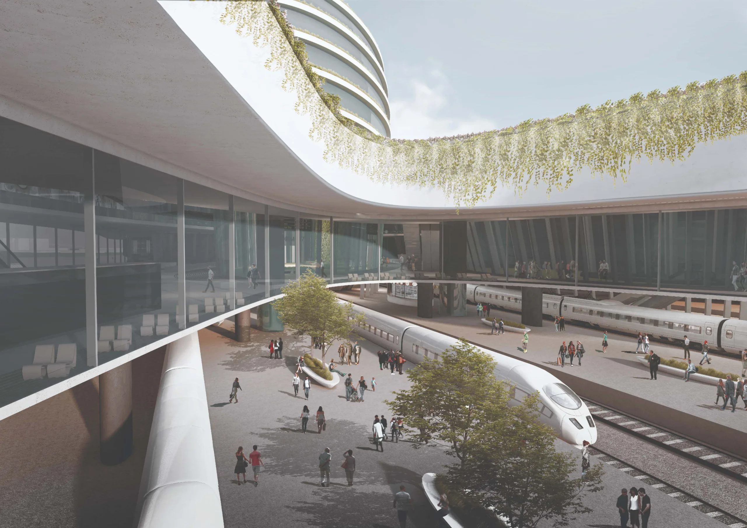 The station building design creates visual porosity and abundant light conditions, ensuring maximum use of daylight and promoting wind flow on the platform area