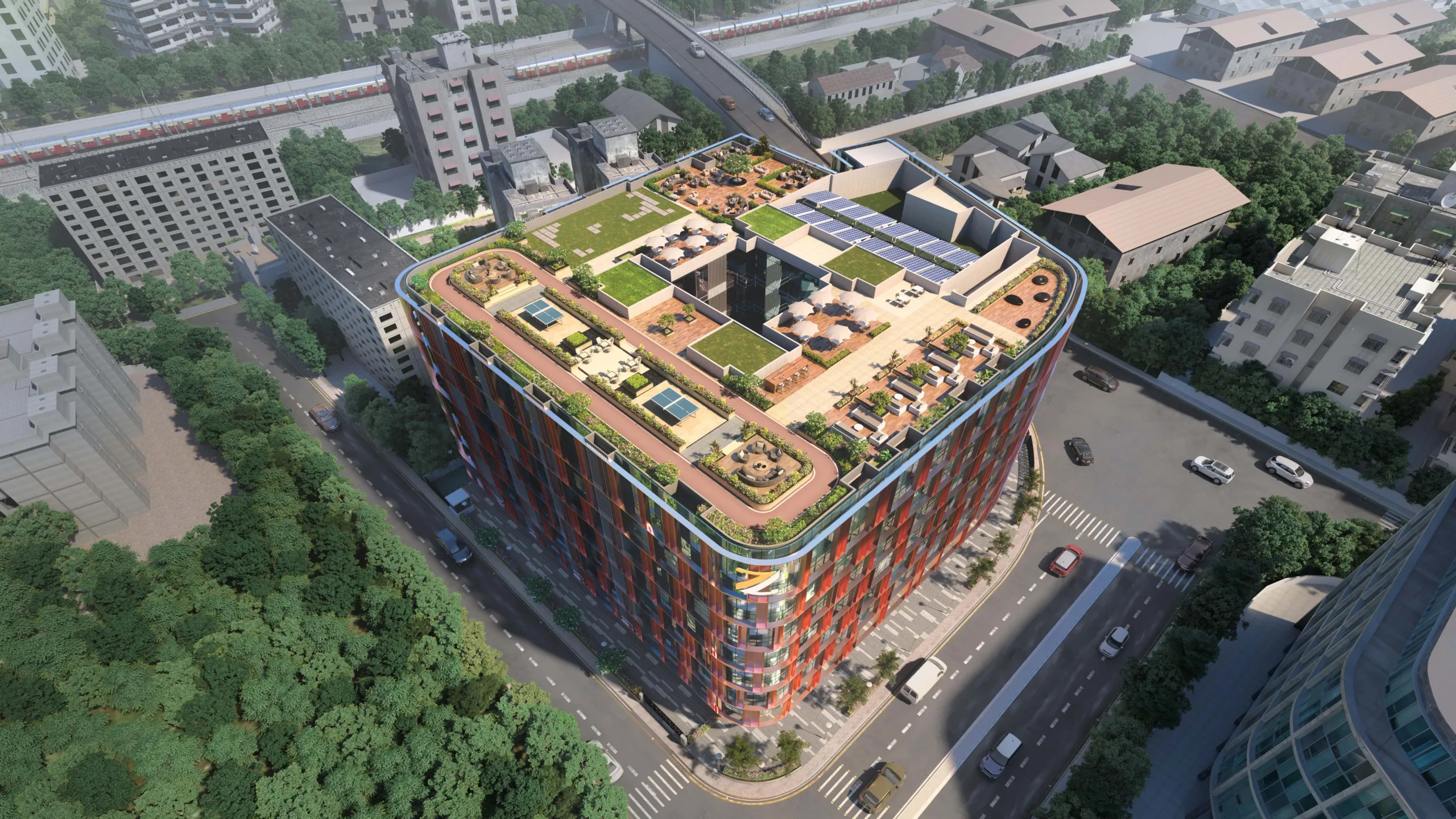 The building is designed so that 85% of the offices face the external view and receive natural light