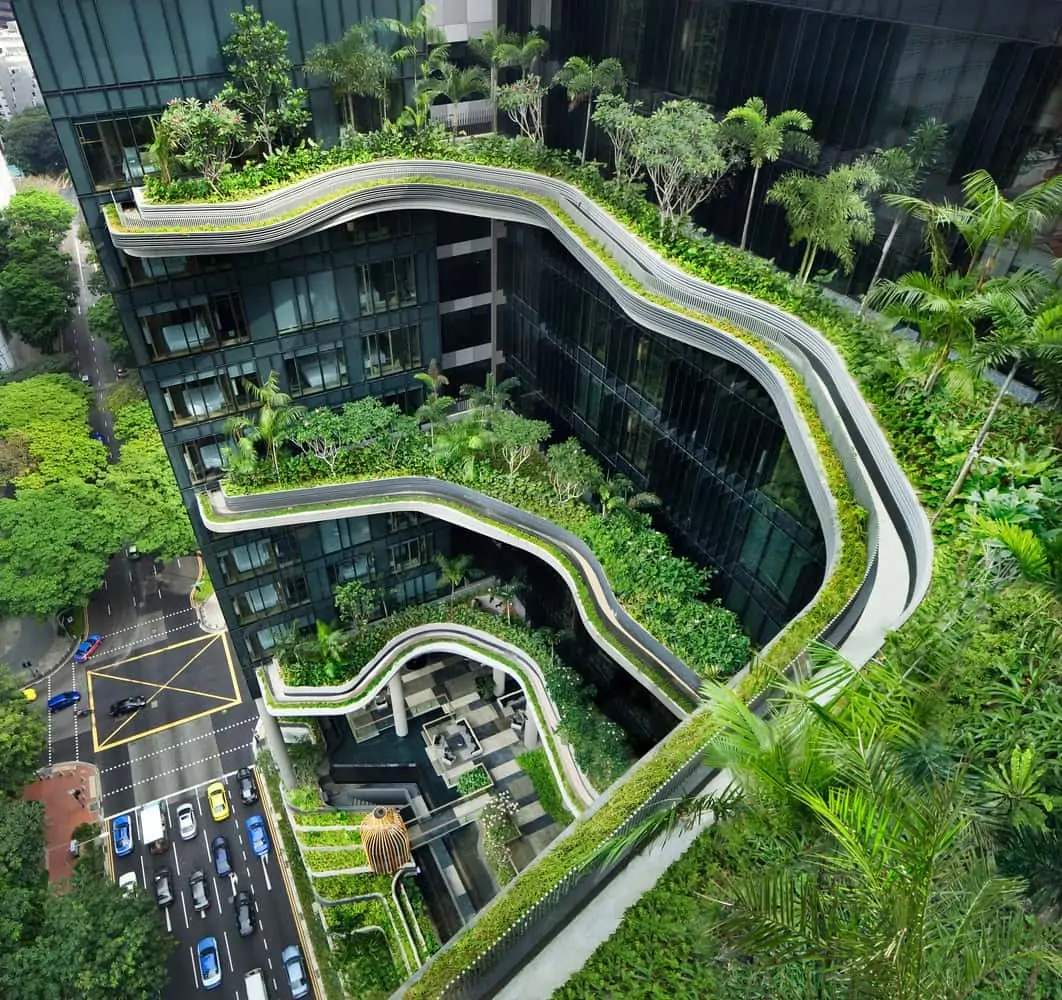 Green façades with vertical gardens - Green Terrace of ParkRoyal, Singapore (image courtesy, Studio Meraki)