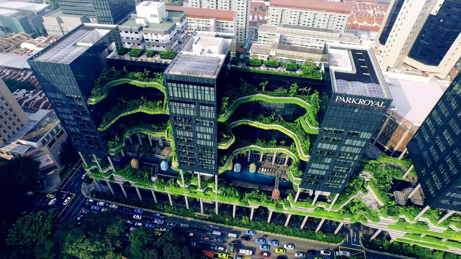 Green façades with vertical gardens - Green Terrace of ParkRoyal, Singapore (image courtesy, Studio Meraki)