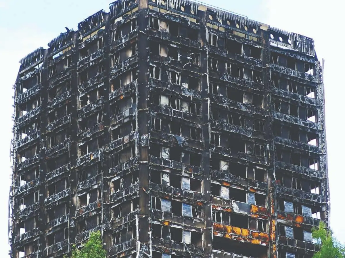 Grenfell Tower fire – cause: Electrical fault in a refrigerator; spread of fire largely exacerbated by flammable exterior cladding on the building