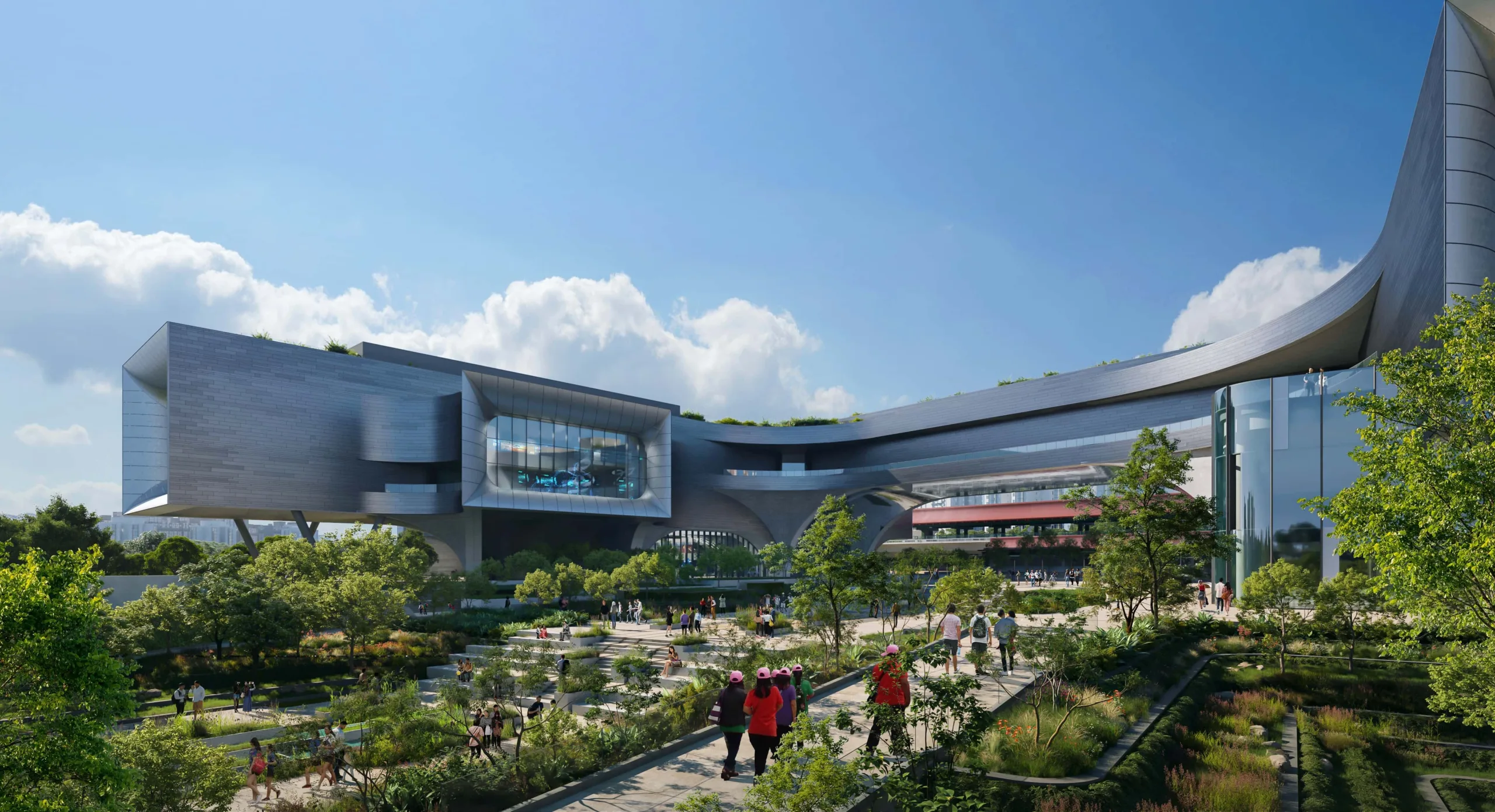 Landscaped plaza connecting visitors to the new Science Centre building, the lake and secondary forest. Note The image is an artist’s impression, and the final design may be subject to changes. Image courtesy Render by Negativ