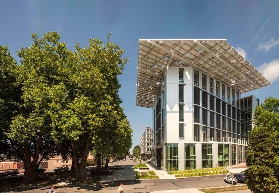 Triple-glazed, operable windows with dynamic exterior shades create unparalleled energy performance