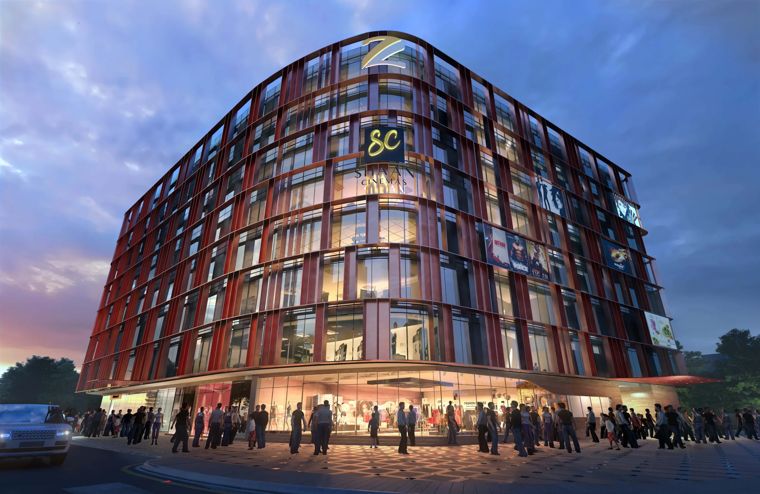 Visible from all sides, the site’s vibrant VIBGYOR façade pays tribute to Shaan Theatre’s cinematic legacy