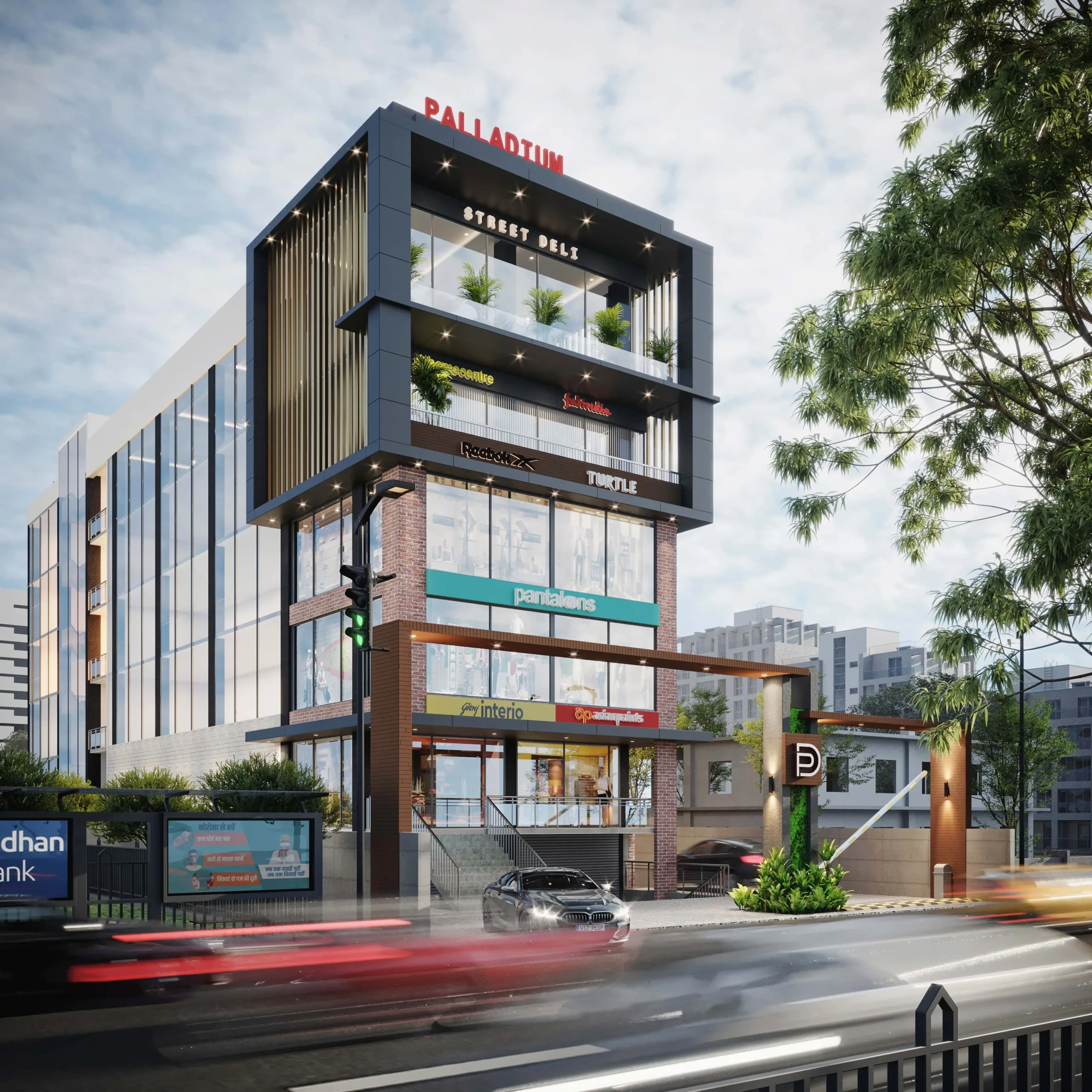 A clean, minimalist façade where crisp white volumes, deep cut-outs, and soft natural elements balance privacy with openness (Image Credit – 6Hues Studio)