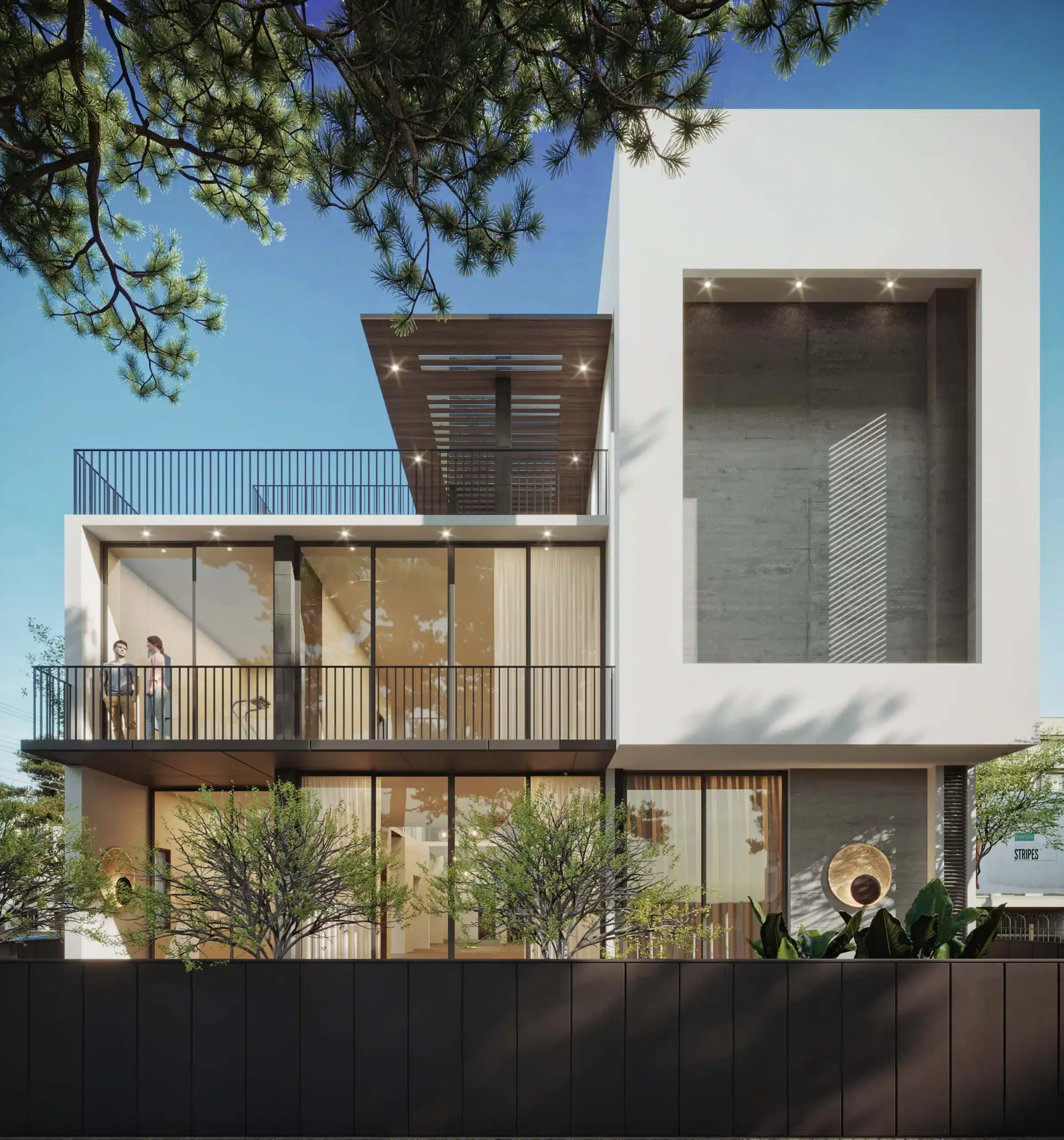 A dynamic façade defined by vertical louvers and linear projections, blending modern geometry with controlled light and ventilation (Image Credit – 6Hues Studio)