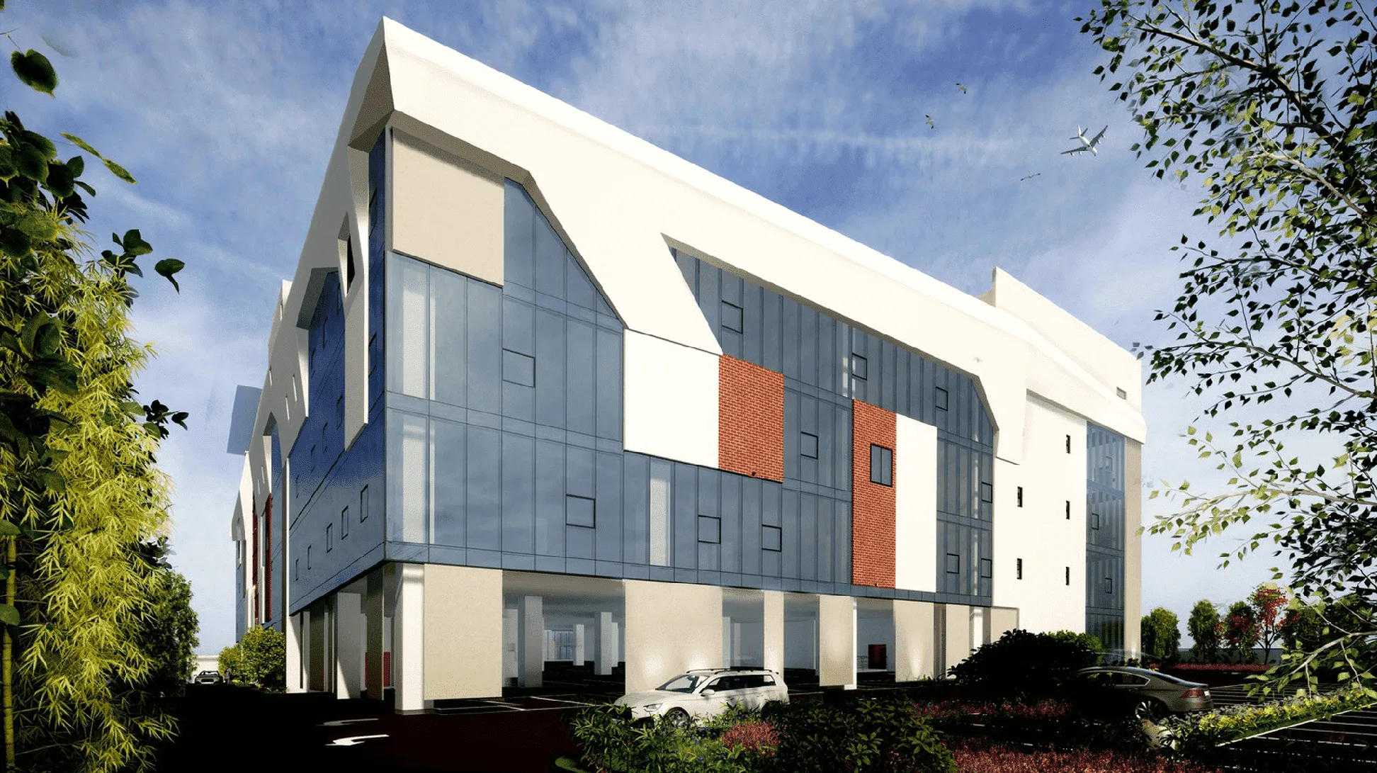 A sculpted façade defined by angular overhangs and articulated wall surfaces