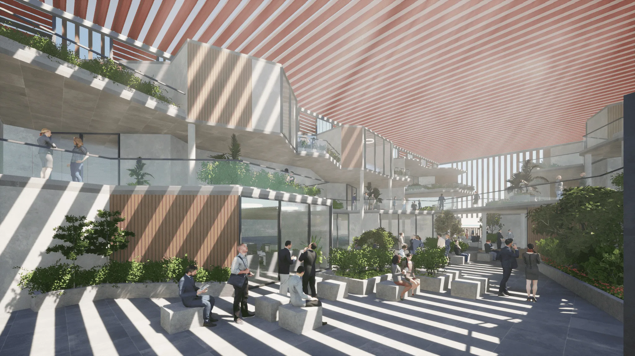 Central Street in the corporate office project creates permeability through the fins on either side—a calculated, sustainable design that acts as a spill-out space to encourage interaction and bind the two office volumes