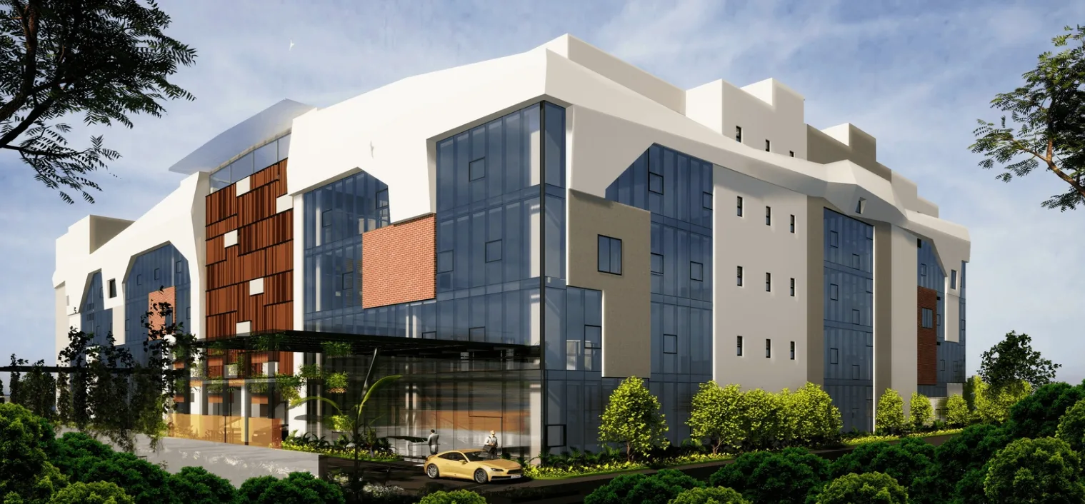 The geometric compositions break symmetry and create shading for the glazed portions of the façade