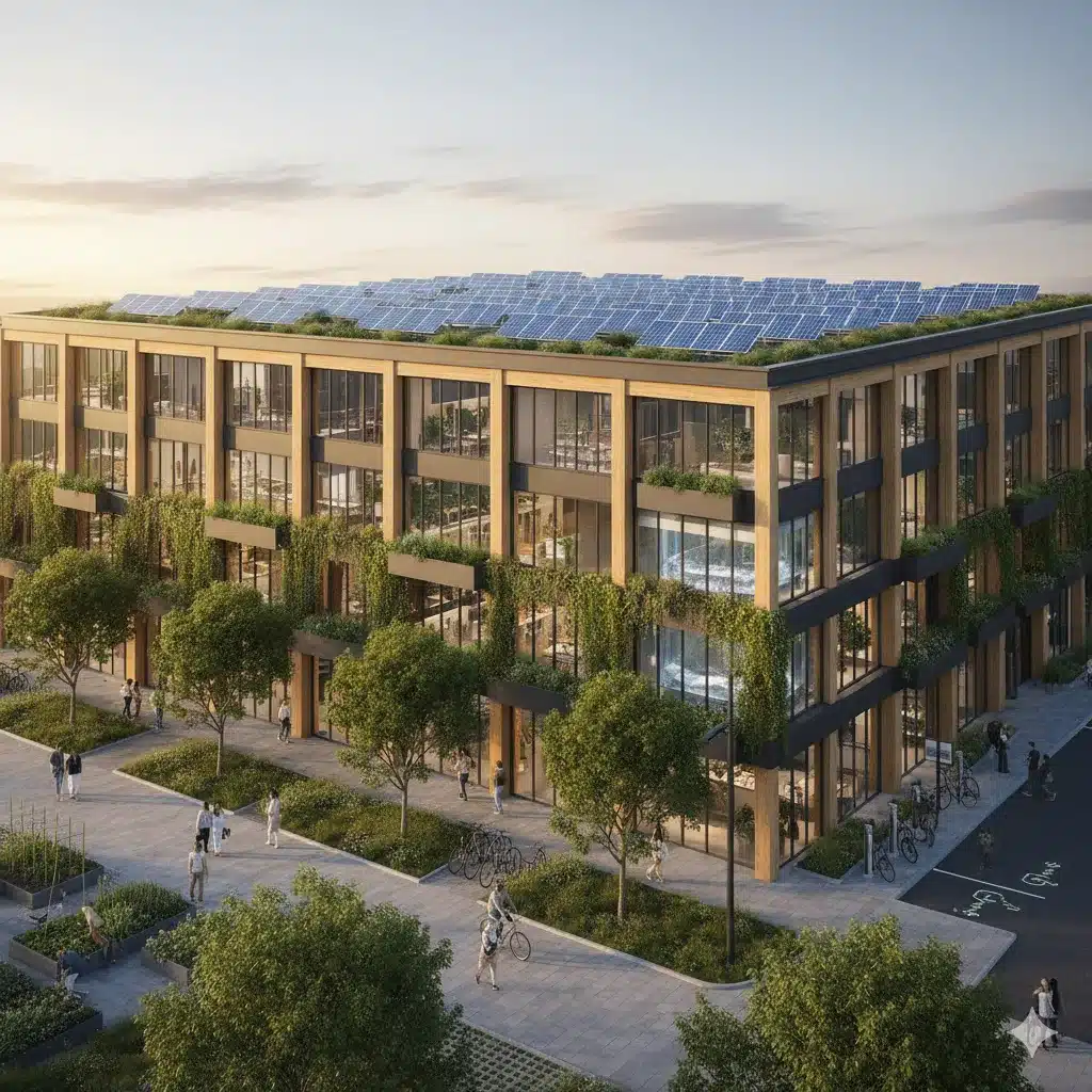 Building systems should be designed to be energy-efficient, using technologies such as solar panels, geothermal heating and cooling, and high-efficiency HVAC systems