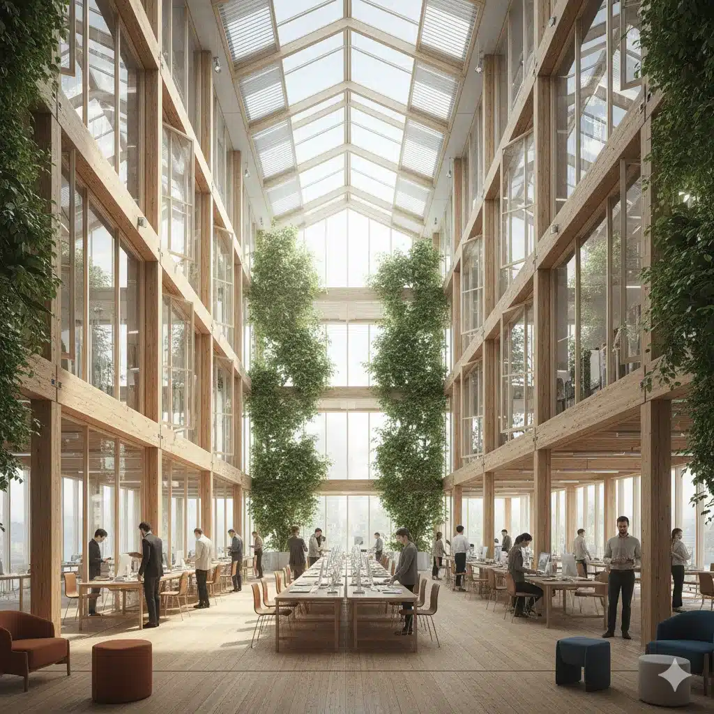 Passive design techniques involve designing buildings to maximise natural light and ventilation, reducing the need for artificial lighting and HVAC systems