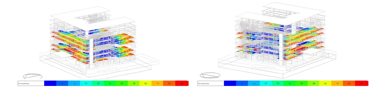 Showing the whole building 3D wireframe UDI (Useful Daylight Illumination) across all floors.