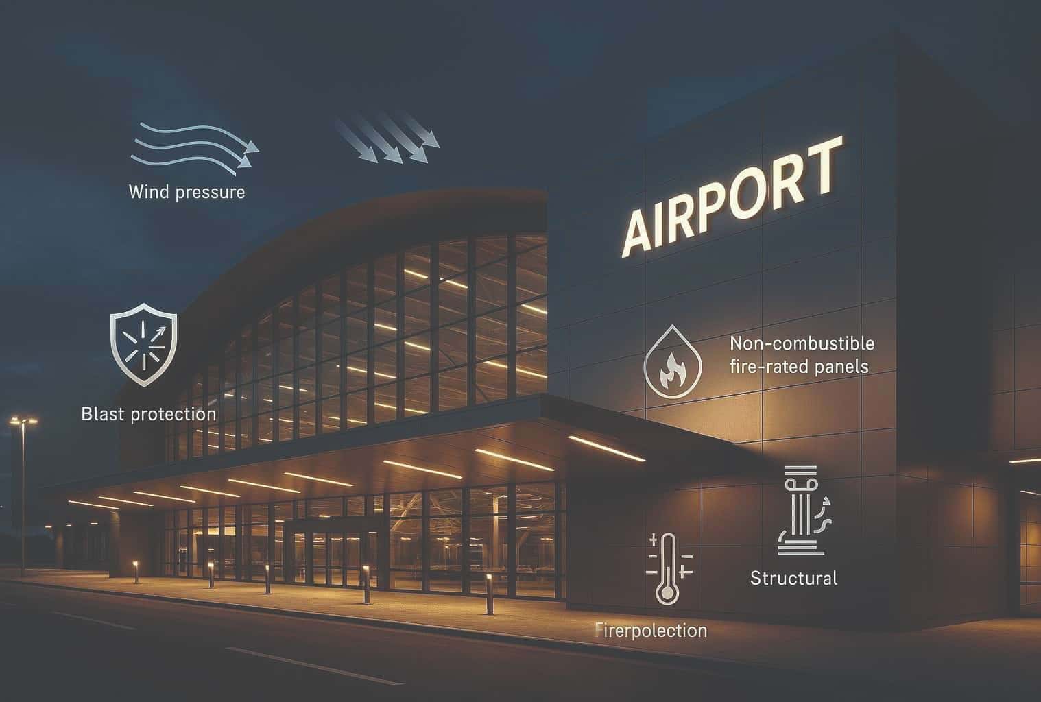 The airport façade systems should be designed to withstand cyclones, snow loads and seismic events