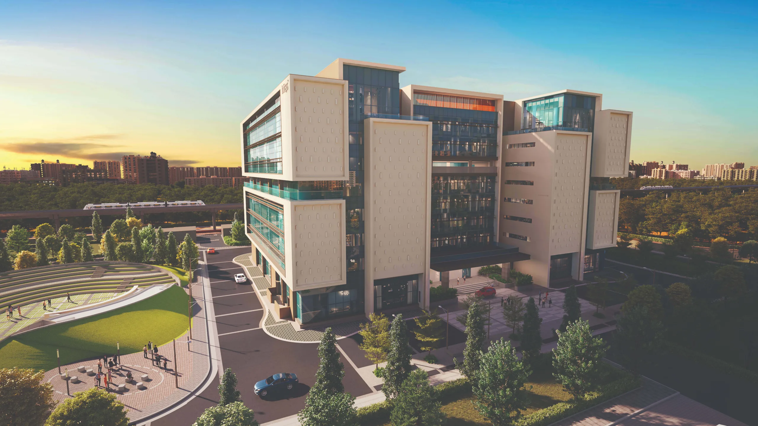 The central section, articulated with intricate latticework and flanked by symmetrically projecting volumes, echoes the elevation of the Rajwada