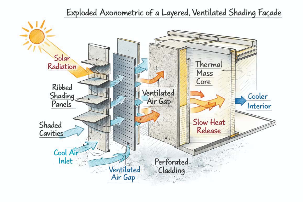 Layered, ventilated shading façade